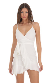 Wrap Ruffle Dress in White