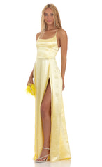 Satin Slit Maxi Dress in Yellow