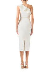 One Shoulder White Ruffle Knit Dress