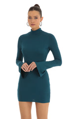 Long Sleeve Mock Neck Dress in Teal