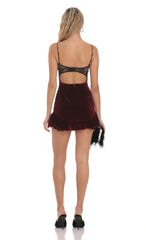 Lace Hook Velvet Ruffle Dress in Burgundy