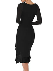 BORIFLORS Women's Sexy Ruched Bodycon Midi Dresses Elegant Mesh Long Sleeve Square Neck Ruffle Hem Cocktail Party Dress