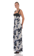 Mesh Two Toned Maxi Dress in Lilly Print