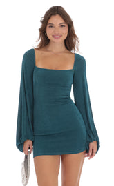 Balloon Sleeve Bodycon Dress in Teal Blue