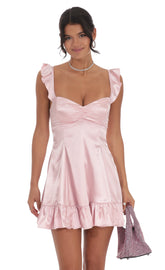 Satin Ruffle Fit and Flare Dress in Pink