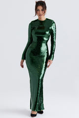pine green sequin maxi dress