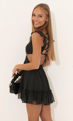 Chiffon Striped Ruffle Dress in Black