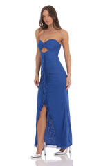 Mesh Cutout Ruffle Maxi Dress in Blue