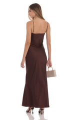 Satin Cutout Ties Maxi Dress in Brown