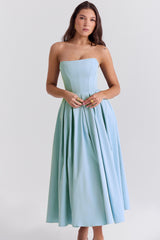 tuscan blue strapless midi sundress