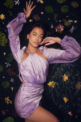 orchid satin wrap front mini dress