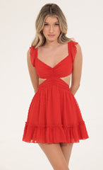 Dotted Chiffon Ruffle Dress in Red