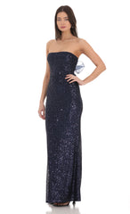 Sequin Strapless Maxi Dress in Navy