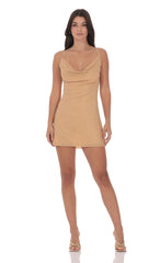 Rhinestone Cowl Neck Dress in Beige