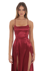 Satin Double Slit Maxi Dress in Deep Red