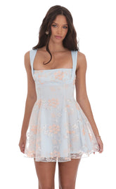 Embroidered Floral Fit and Flare Dress in Pastel Blue
