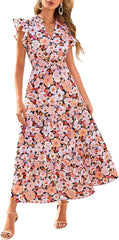 PRETTYGARDEN Women's 2025 Summer Floral Midi Dress Cap Sleeve V Neck Ruffle Long Flowy Boho Casual Beach Vacation Dresses