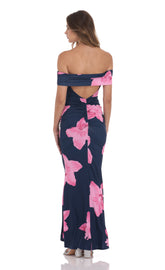 Off Shoulder Pink Floral Maxi Dress in Navy