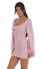 Shimmer Ruched Cowl Neck Dress in Pink