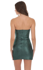 Metallic Crinkle Pointed Bodycon Dress in Forest Green