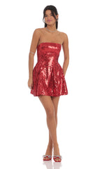 Sequin Strapless Fit and Flare Dress in Red