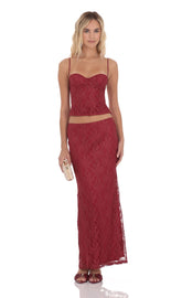 Gold Thread Lace Maxi Skirt in Burgundy