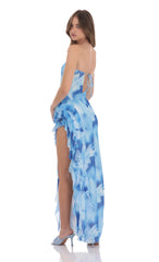 Floral Mesh Strapless Triple Ruffle Maxi Dress in Blue