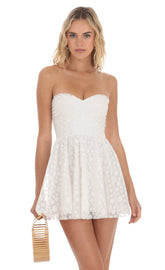 Floral Strapless A-Line Dress in White