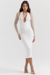 white plunge midi dress