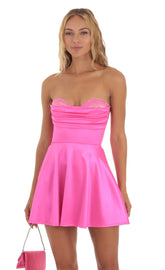 Satin Lace Bust Flare Dress in Pink