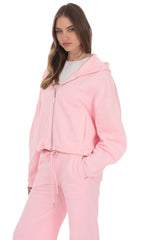 Cropped Fleece Zip-Up Hoodie in Pink