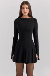 black stretch crepe godet mini dress