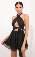 Halter Dress in Black Crinkle Chiffon