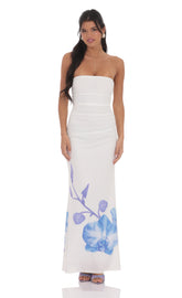 Strapless Floral Print Maxi Dress in White