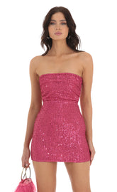 Sequin Strapless Mini Dress in Pink