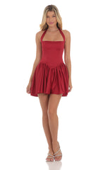 Satin Halter A-line Dress in Red