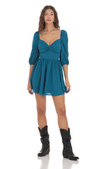 Puff Sleeve Twist Dress in Blue