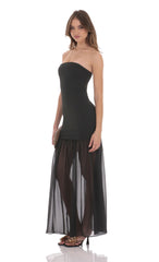 Strapless Chiffon Drop Skirt Maxi Dress in Black