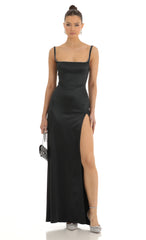 Satin Rhinestone Maxi Dress in Black