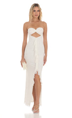 Mesh Cutout Ruffle Maxi Dress in White
