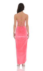 Velvet Asymmetrical Maxi Dress in Hot Pink