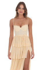 Mesh Ruffle Maxi Dress in Yellow