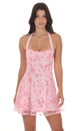 Sequin Floral Halter Open Back Dress in Pink