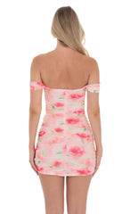 Floral Mesh Off Shoulder Bodycon Dress in Pink