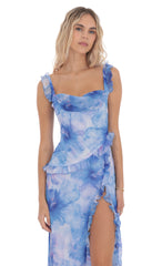 Floral Ruffle Cowl Neck Maxi Dress in Blue