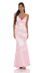 Satin V-Neck Ruffle Mermaid Maxi Dress in Pink