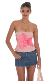 Mesh Floral Ruched Tube Top in Blush Pink