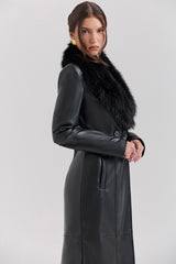 black faux fur trimmed vegan leather coat