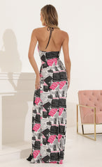 Newspaper Print Cutout Maxi Dress in Black