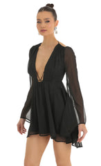 Chiffon Plunge Neck Dress in Black